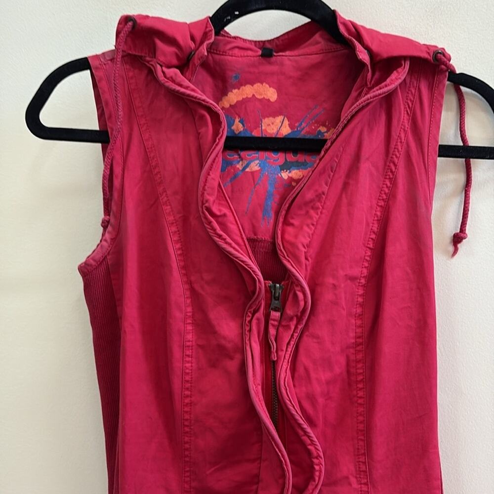 Desigual vintage Sleeveless Pink Ruffle zip front removable hoodie Dress - Picture 2 of 9